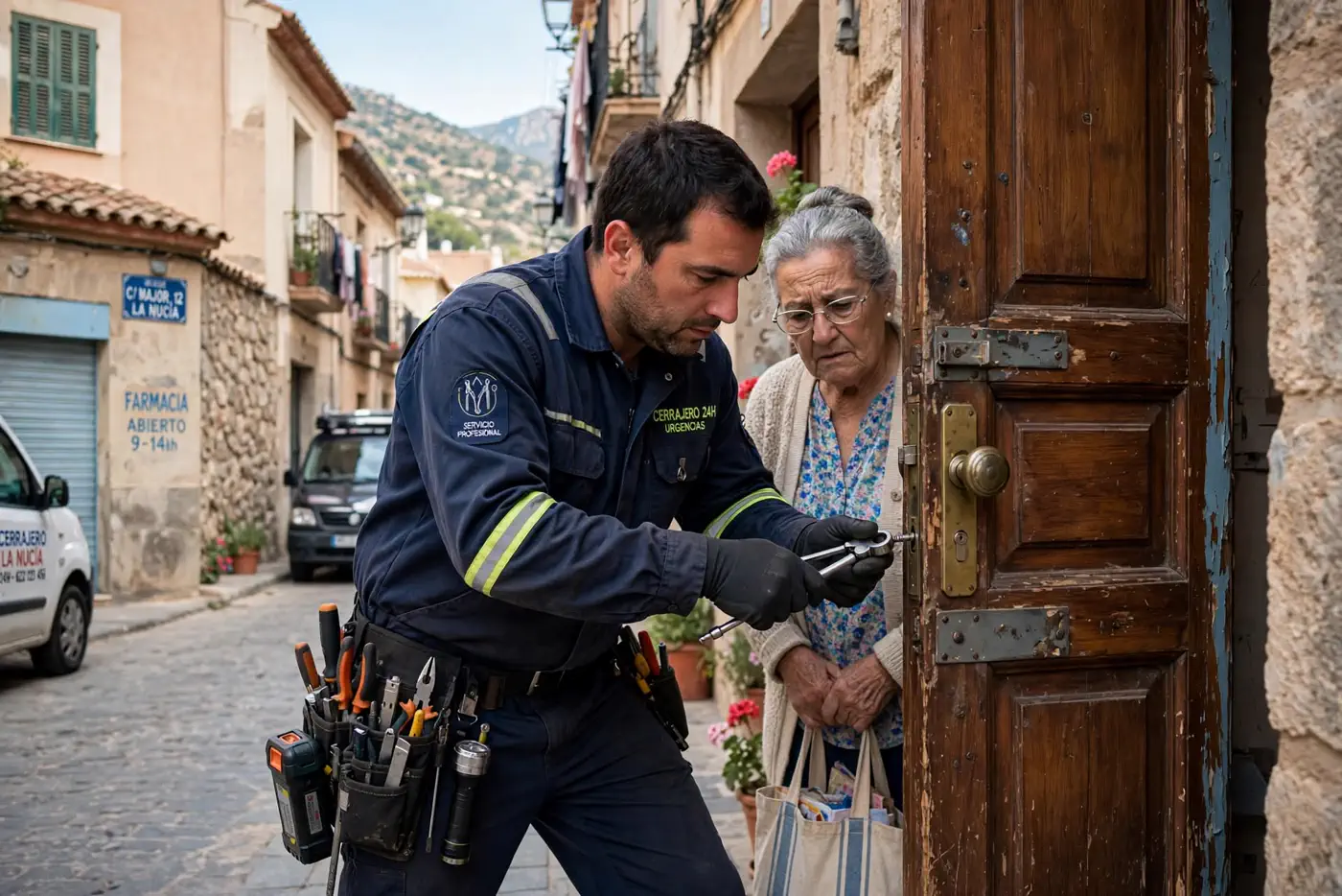 Cerrajero abriendo la puerta de una vivienda mientras la clienta espera