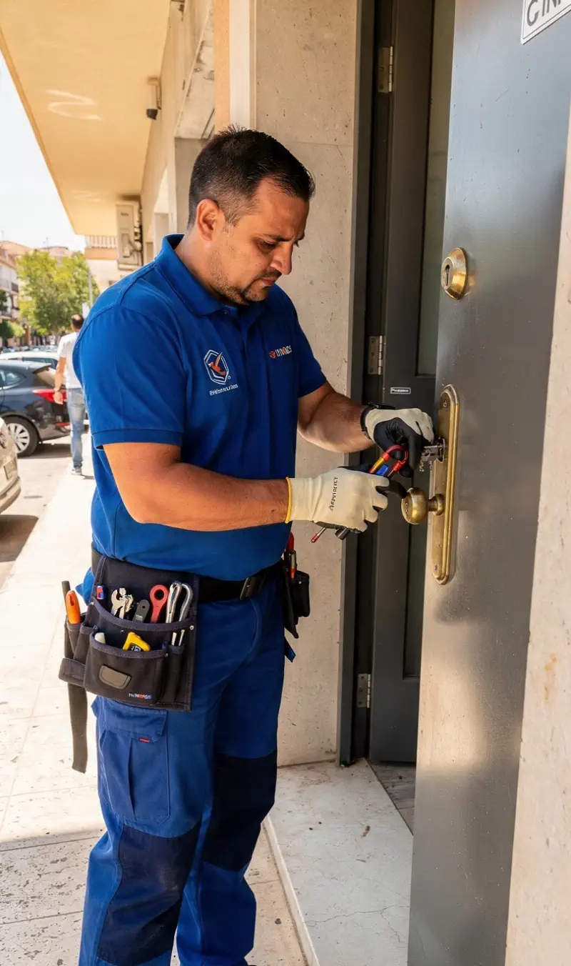 Cerrajero desmontando el cilindro de una cerradura en una puerta blindada